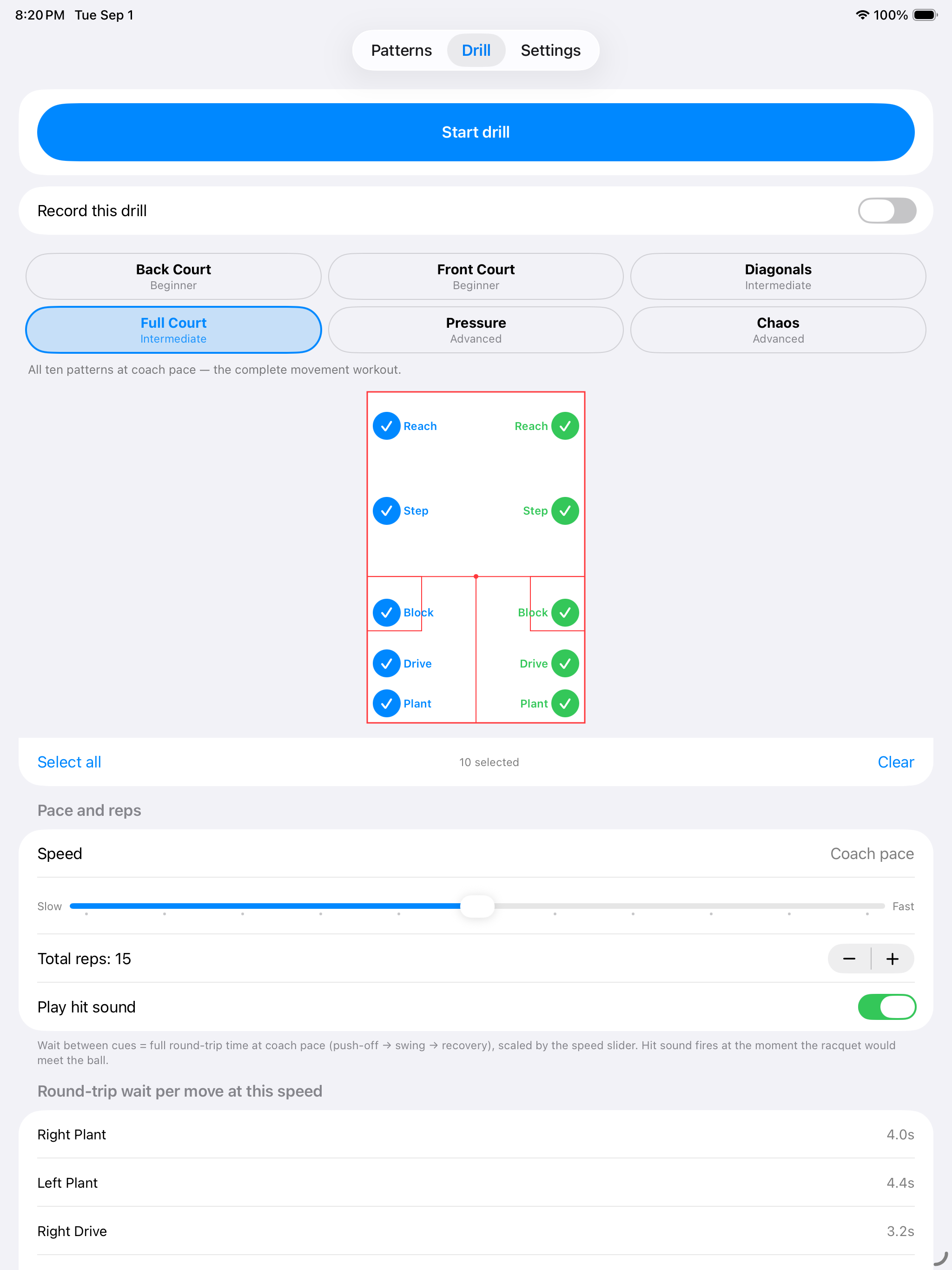 SmartGhost on iPad, drill setup screen showing pattern picker, speed controls, and per-pattern wait times